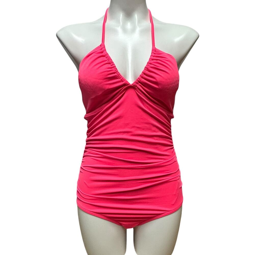 J.Crew Ruched One Piece Halter Swimsuit Hot Pink 8